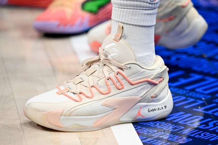 Dallas Mavericks guard Luka Doncic's pink and white Jordan Brand sneakers.